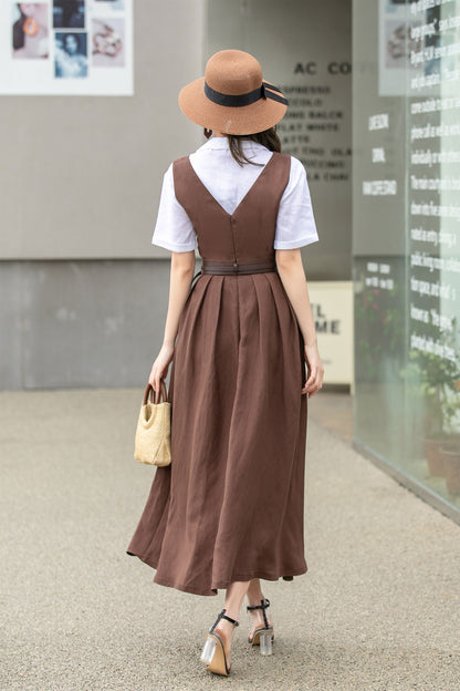 Brown Linen Dress - Pinafore Apron with Flared Skirt 4268