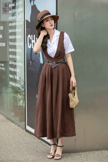 Brown Linen Dress - Pinafore Apron with Flared Skirt 4268
