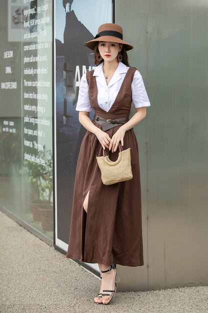 Brown Linen Dress - Pinafore Apron with Flared Skirt 4268