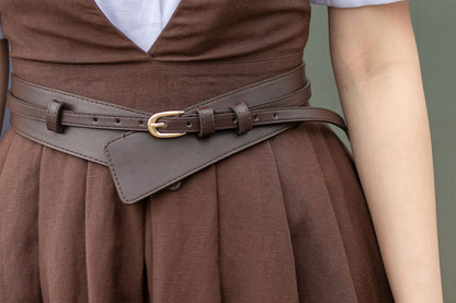 Brown Linen Dress - Pinafore Apron with Flared Skirt 4268