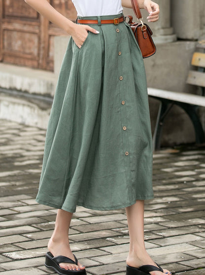 Green Linen Midi Skirt - Button-Down, Regular Fit 3697