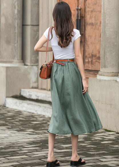 Green Linen Midi Skirt - Button-Down, Regular Fit 3697