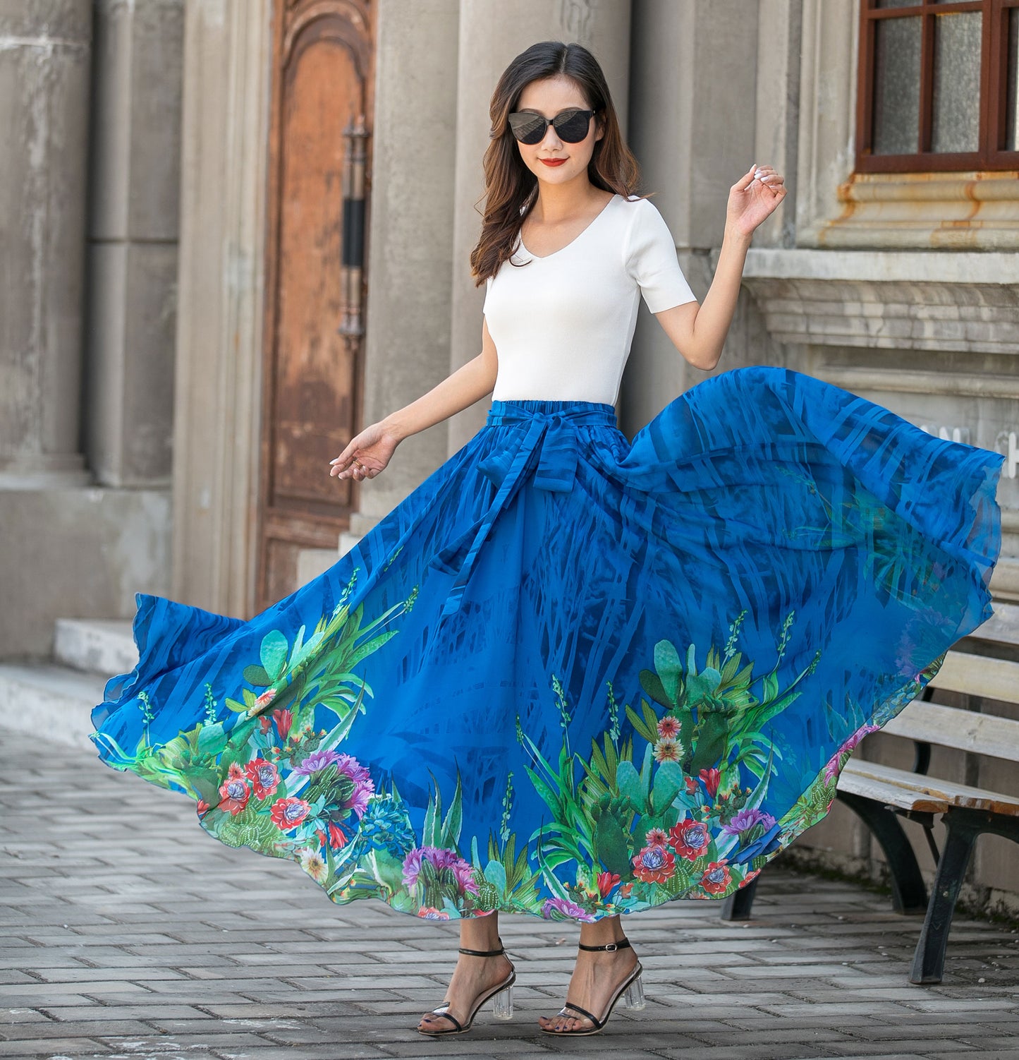 Vintage-Inspired Blue Floral Chiffon Skirt for Women 3428