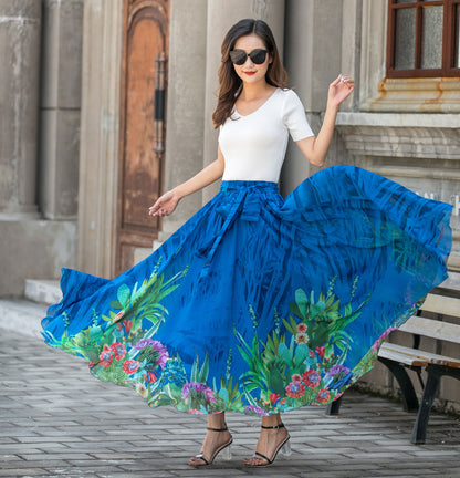 Vintage-Inspired Blue Floral Chiffon Skirt for Women 3428