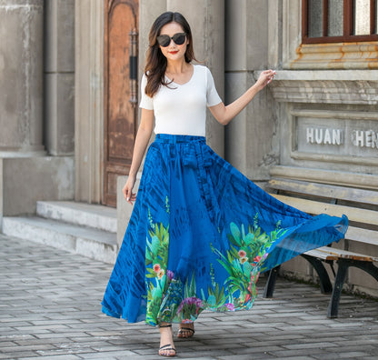 Vintage-Inspired Blue Floral Chiffon Skirt for Women 3428