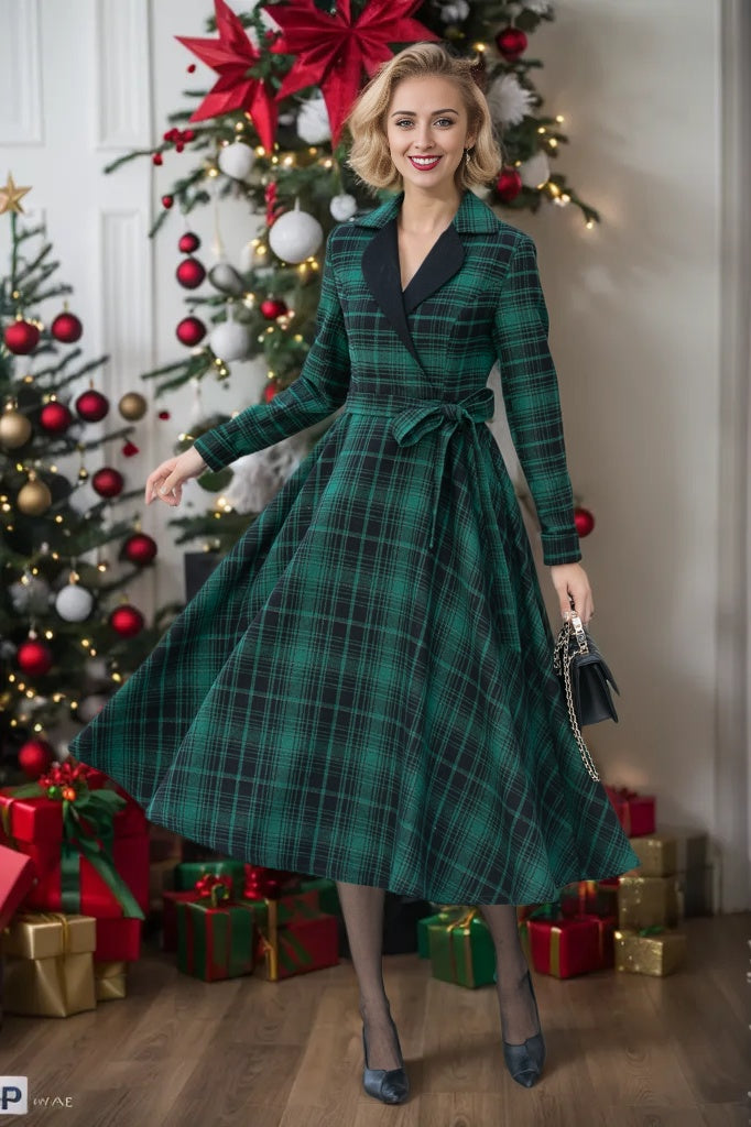 Green Plaid Wool Swing Dress Vintage Belted Midi Dress 5343 Green / XL Green Plaid Wool Swing Dress Vintage Belted Midi Dress 5343 Green / XL