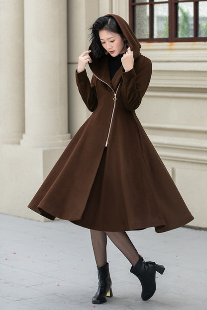 Vintage Hooded Wool Coat – Burgundy Handmade Winter Zip Overcoat 5345