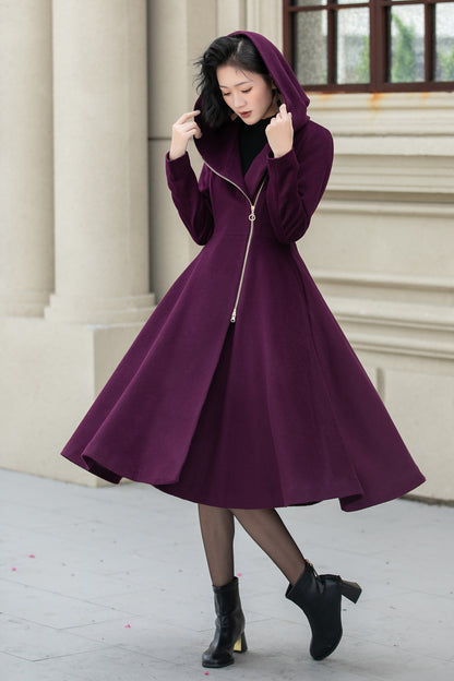 Vintage Hooded Wool Coat – Burgundy Handmade Winter Zip Overcoat 5345