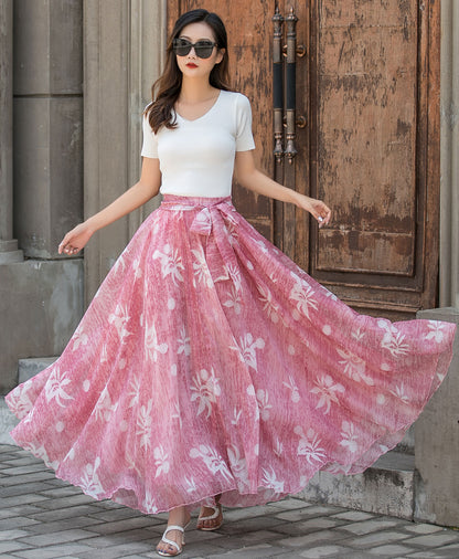 Vintage-Inspired Pink Floral Maxi Skirt for Women | Xiaolizi 3441