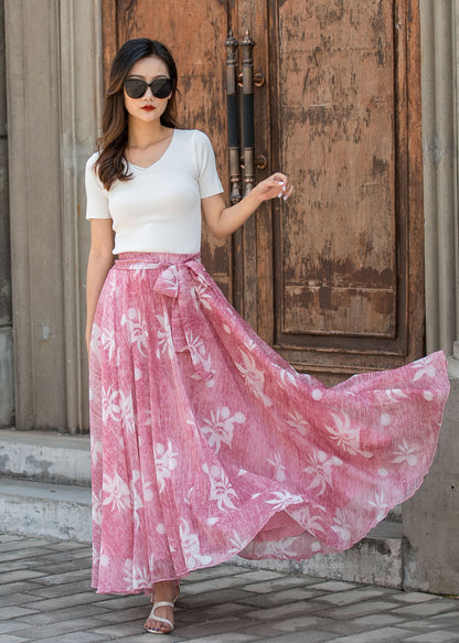 Vintage-Inspired Pink Floral Maxi Skirt for Women | Xiaolizi 3441