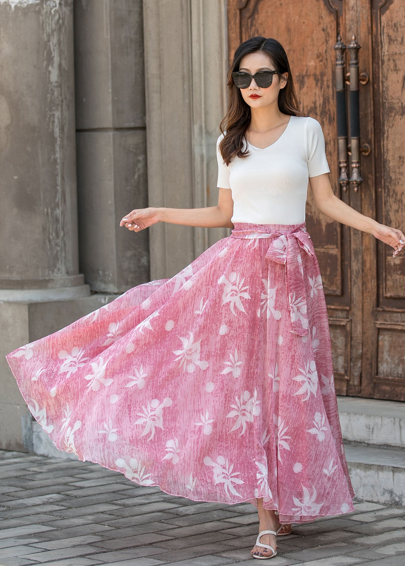 Vintage-Inspired Pink Floral Maxi Skirt for Women | Xiaolizi 3441