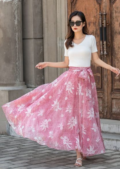 Vintage-Inspired Pink Floral Maxi Skirt for Women | Xiaolizi 3441