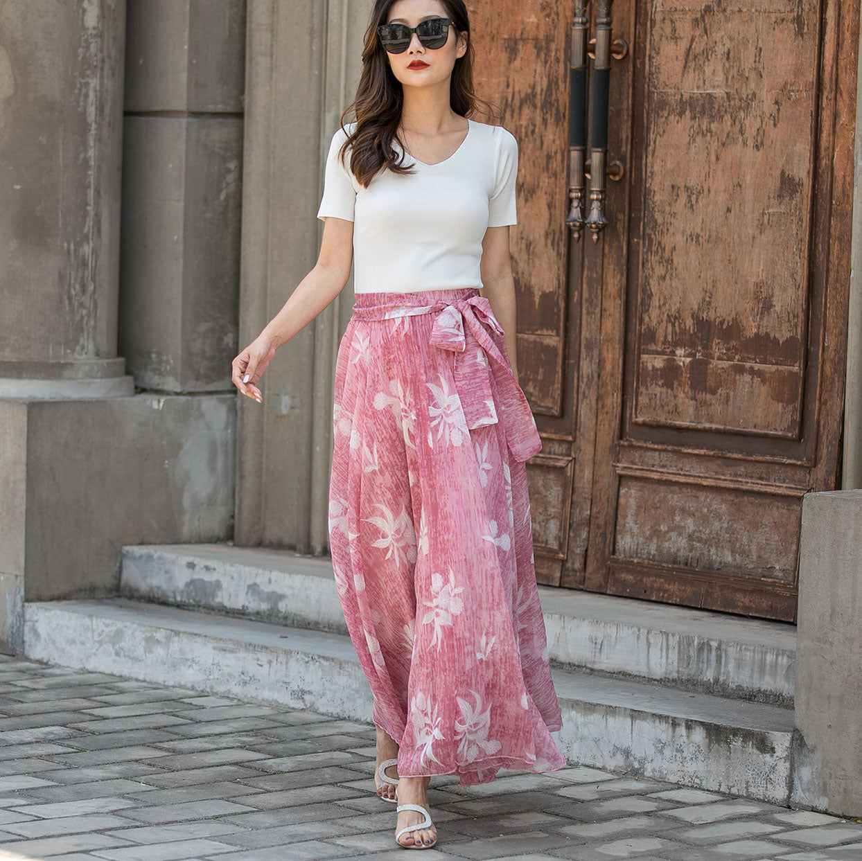 Vintage-Inspired Pink Floral Maxi Skirt for Women | Xiaolizi 3441