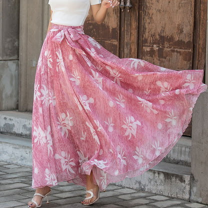 Vintage-Inspired Pink Floral Maxi Skirt for Women | Xiaolizi 3441