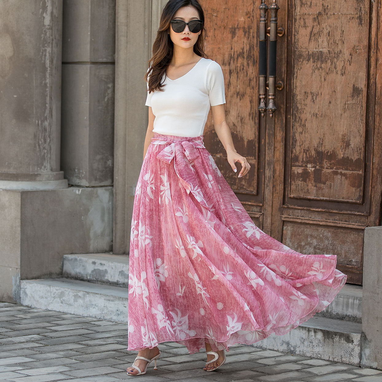 Vintage-Inspired Pink Floral Maxi Skirt for Women | Xiaolizi 3441