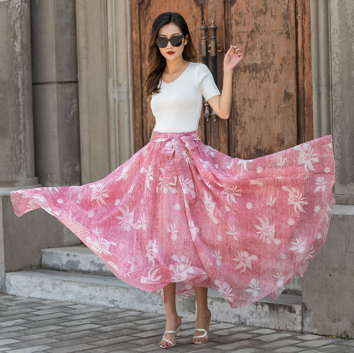 Vintage-Inspired Pink Floral Maxi Skirt for Women | Xiaolizi 3441