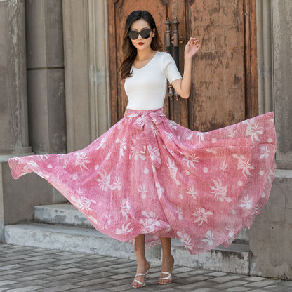 Vintage-Inspired Pink Floral Maxi Skirt for Women | Xiaolizi 3441