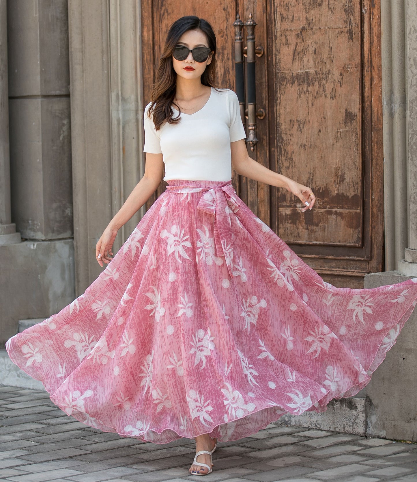 Vintage-Inspired Pink Floral Maxi Skirt for Women | Xiaolizi 3441