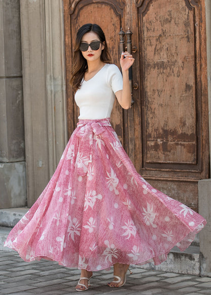 Vintage-Inspired Pink Floral Maxi Skirt for Women | Xiaolizi 3441