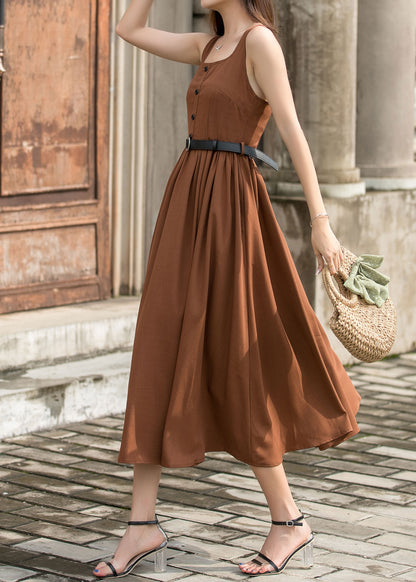 Brown Midi Pinafore Dress - Square Neckline and Pleated Waist 3702