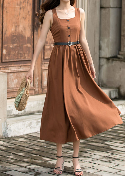 Brown Midi Pinafore Dress - Square Neckline and Pleated Waist 3702