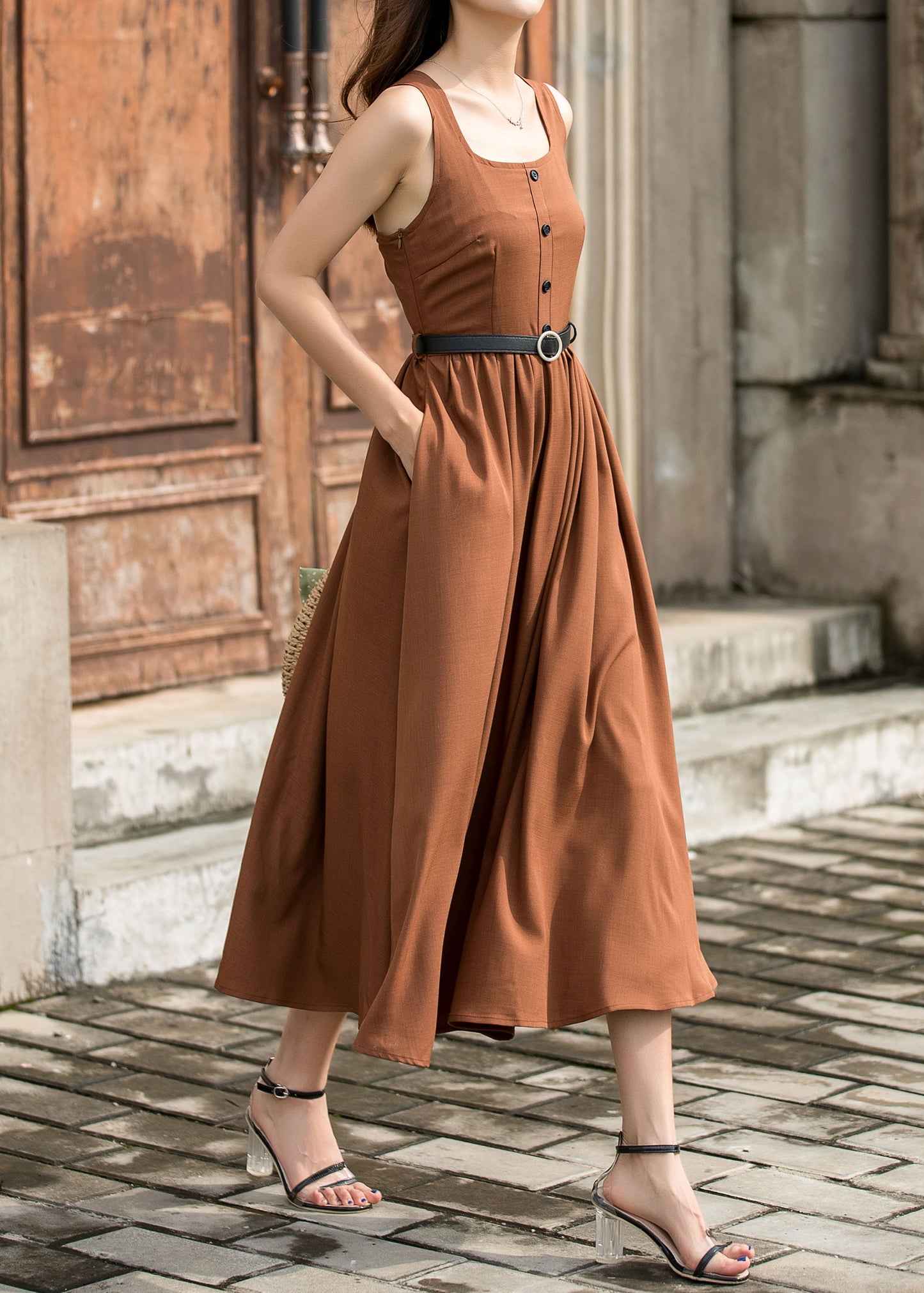 Brown Midi Pinafore Dress - Square Neckline and Pleated Waist 3702