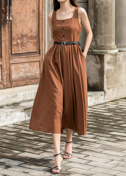 Brown Midi Pinafore Dress - Square Neckline and Pleated Waist 3702