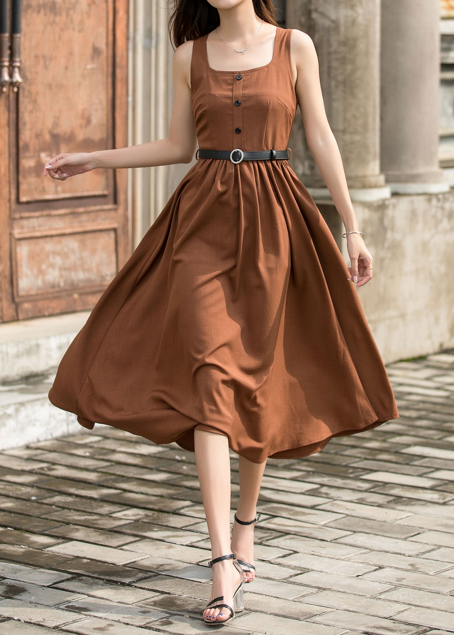Brown Midi Pinafore Dress - Square Neckline and Pleated Waist 3702