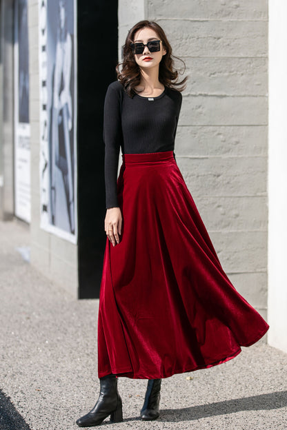 Red Velvet High Waisted Long Skirt - Ankle Length Full Silhouette 4135