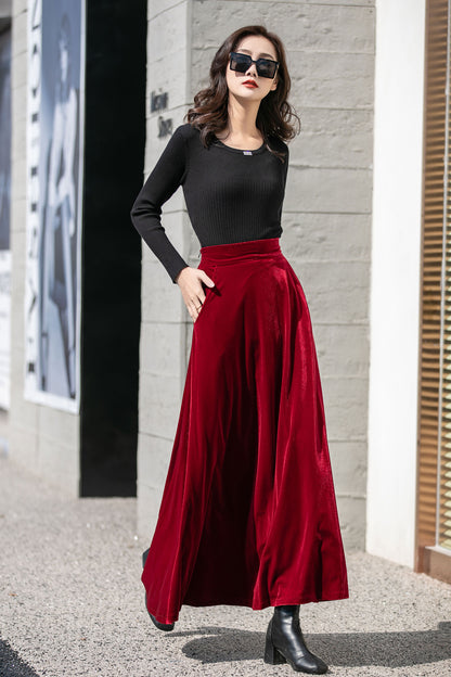 Red Velvet High Waisted Long Skirt - Ankle Length Full Silhouette 4135