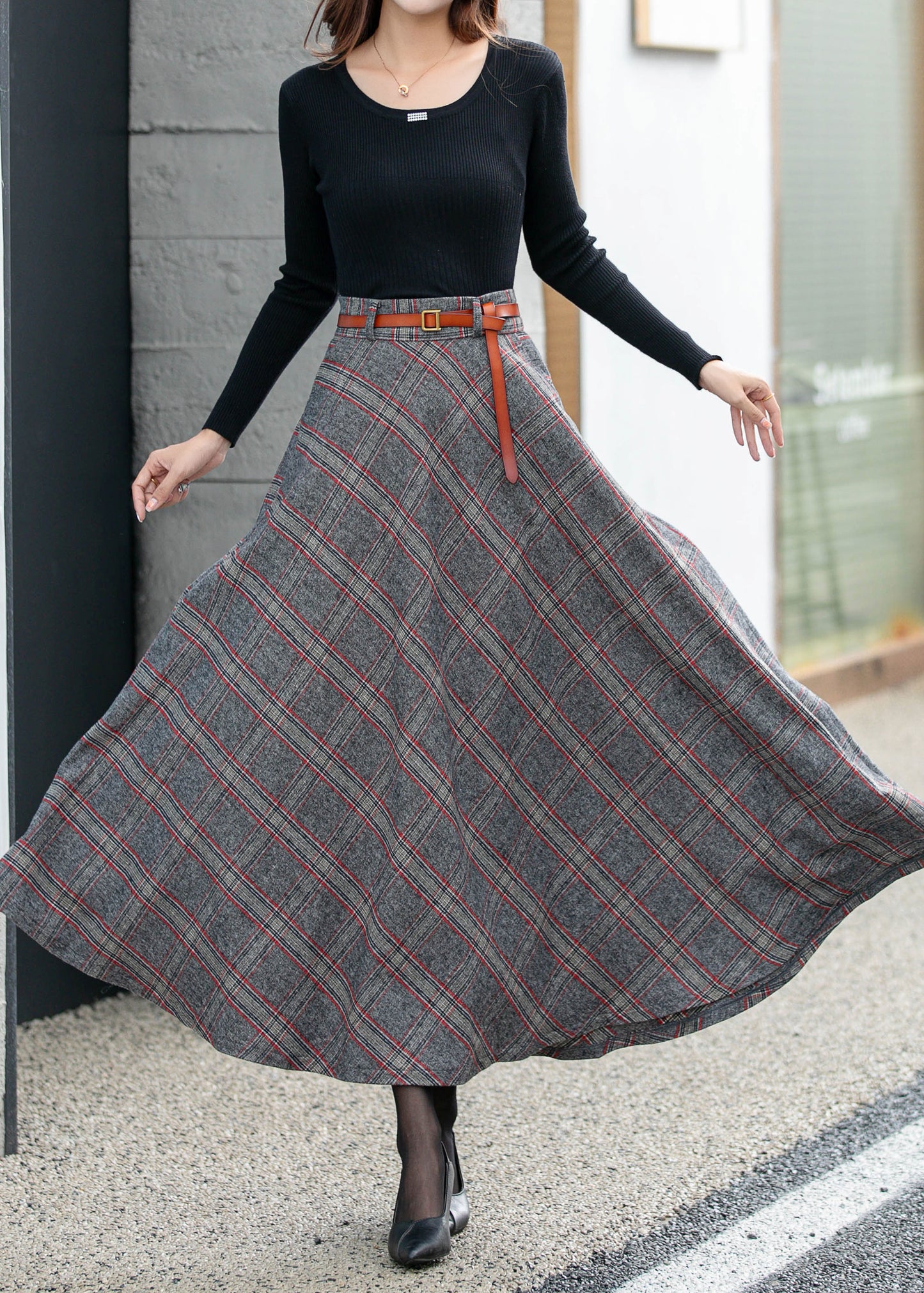 Plaid winter  long wool skirt women 4676