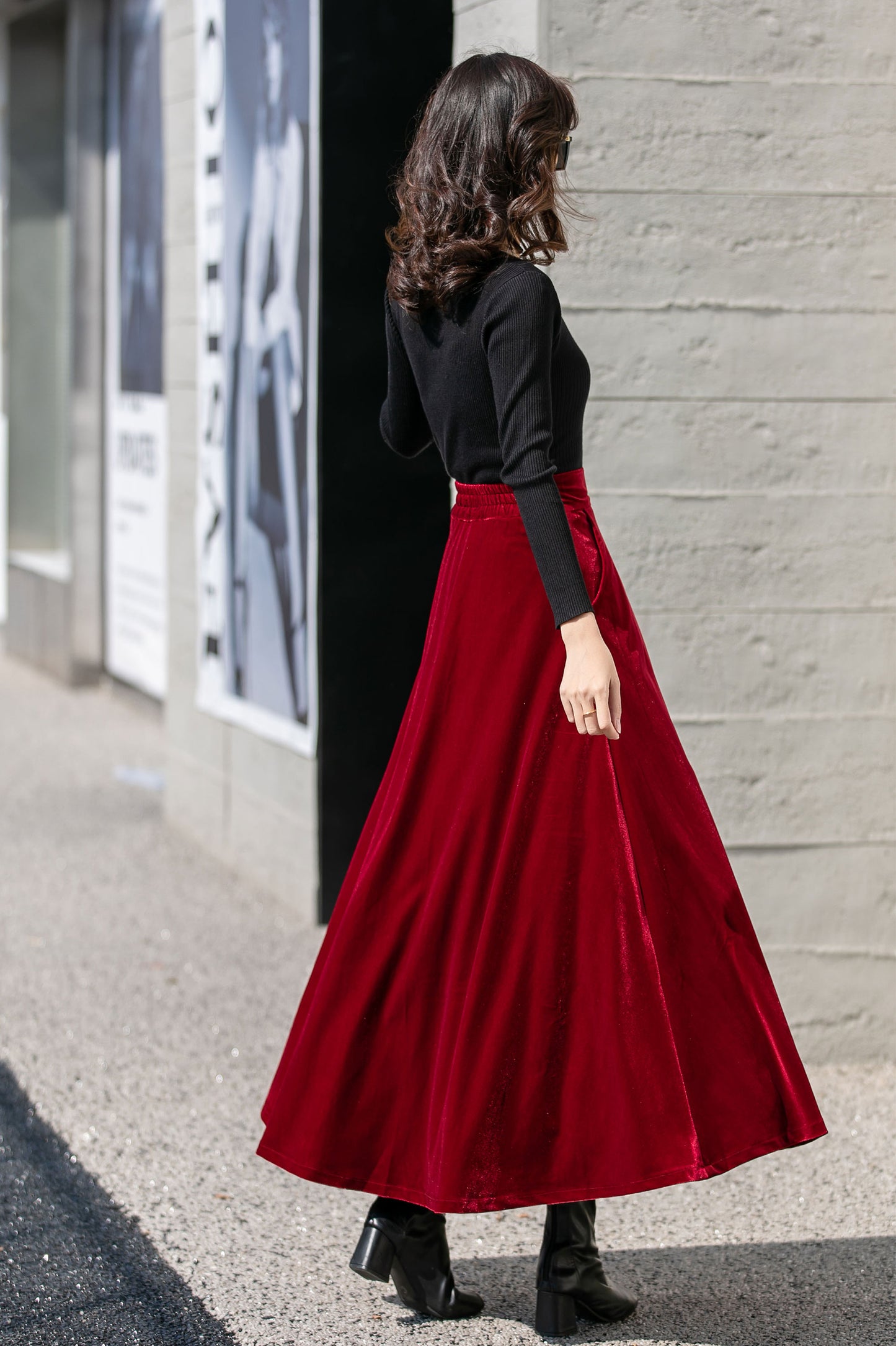 Red Velvet High Waisted Long Skirt - Ankle Length Full Silhouette 4135