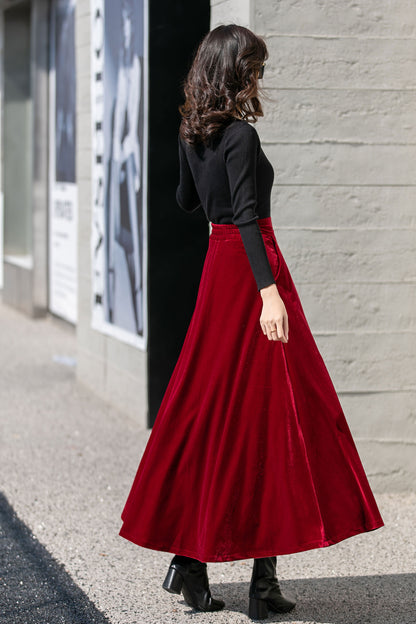 Red Velvet High Waisted Long Skirt - Ankle Length Full Silhouette 4135
