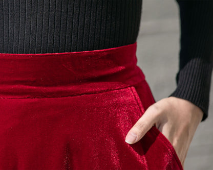 Red Velvet High Waisted Long Skirt - Ankle Length Full Silhouette 4135