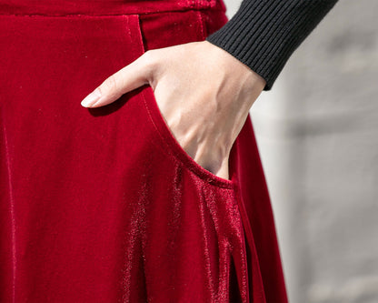 Red Velvet High Waisted Long Skirt - Ankle Length Full Silhouette 4135