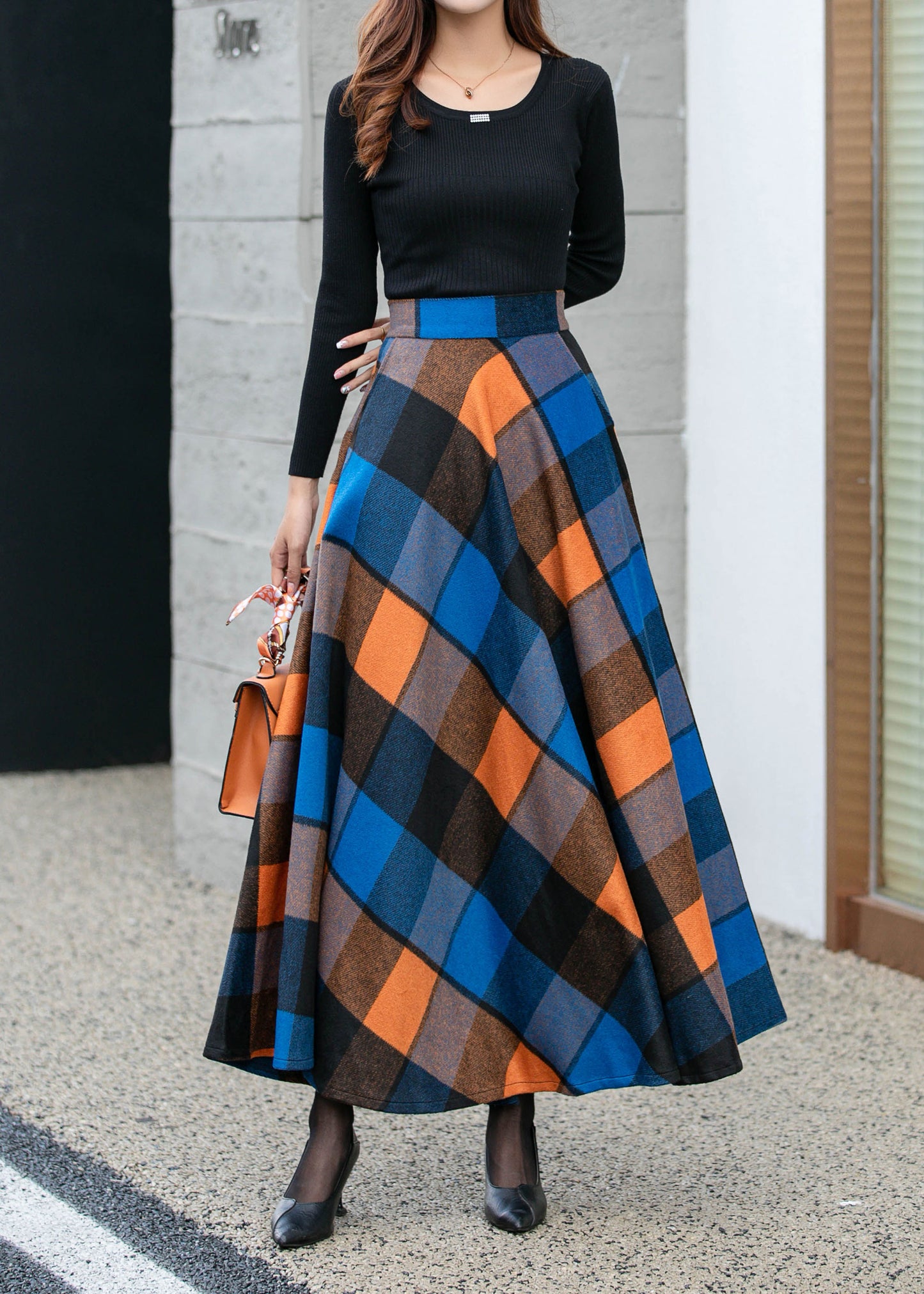 Long Wool Skirt, Plaid Skirt, Womens Skirt 4677