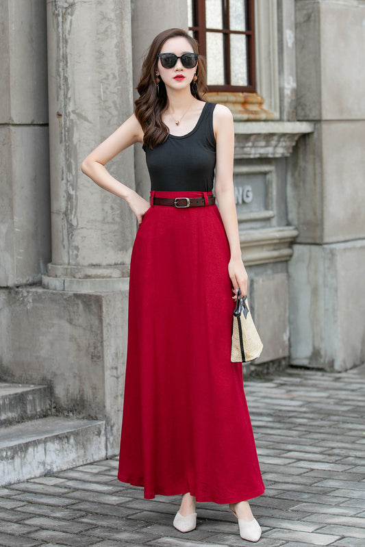 Red Womens Linen High Waisted Skirt 4285