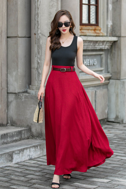 Red Womens Linen High Waisted Skirt 4285