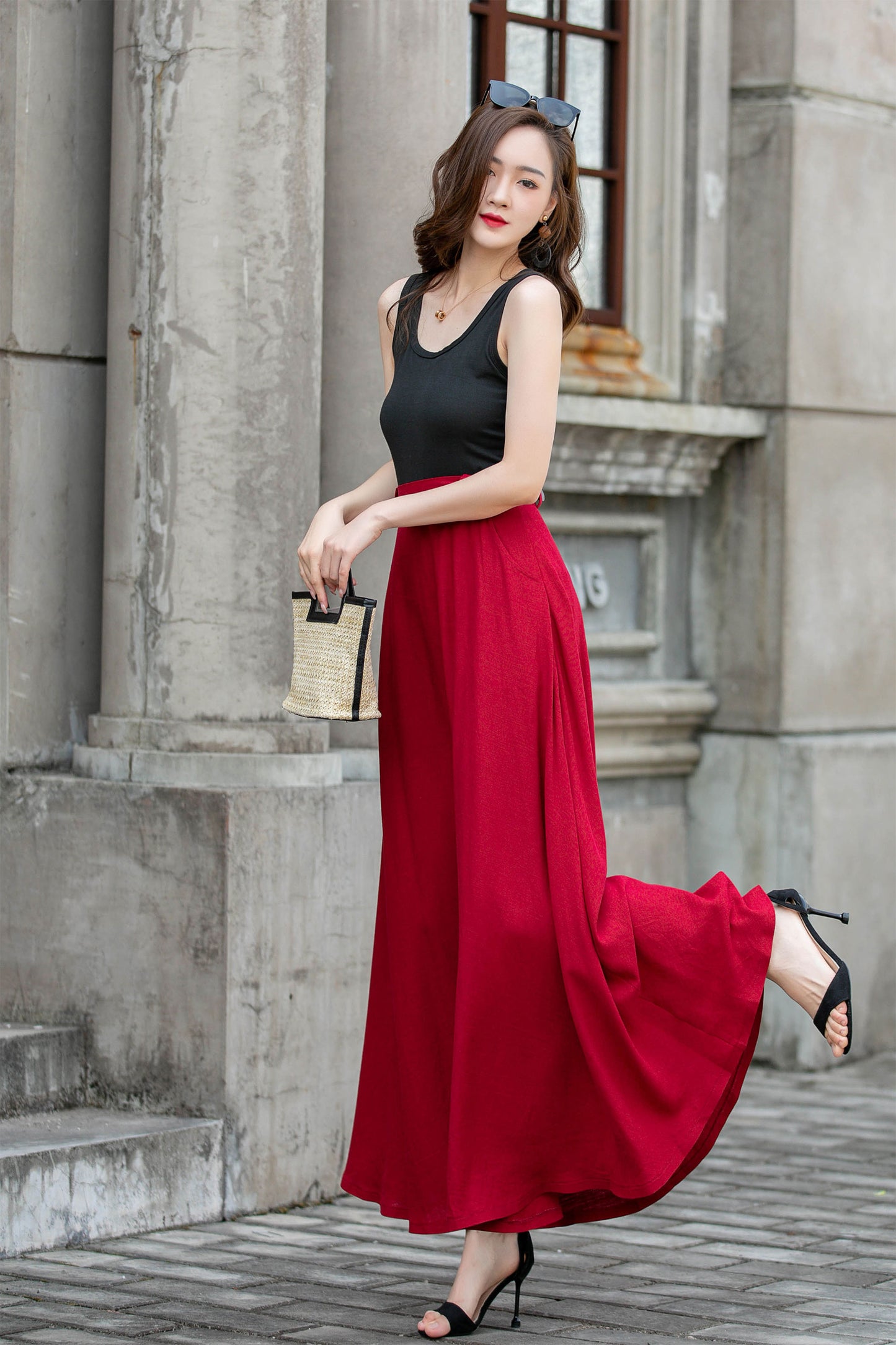 Red Womens Linen High Waisted Skirt 4285