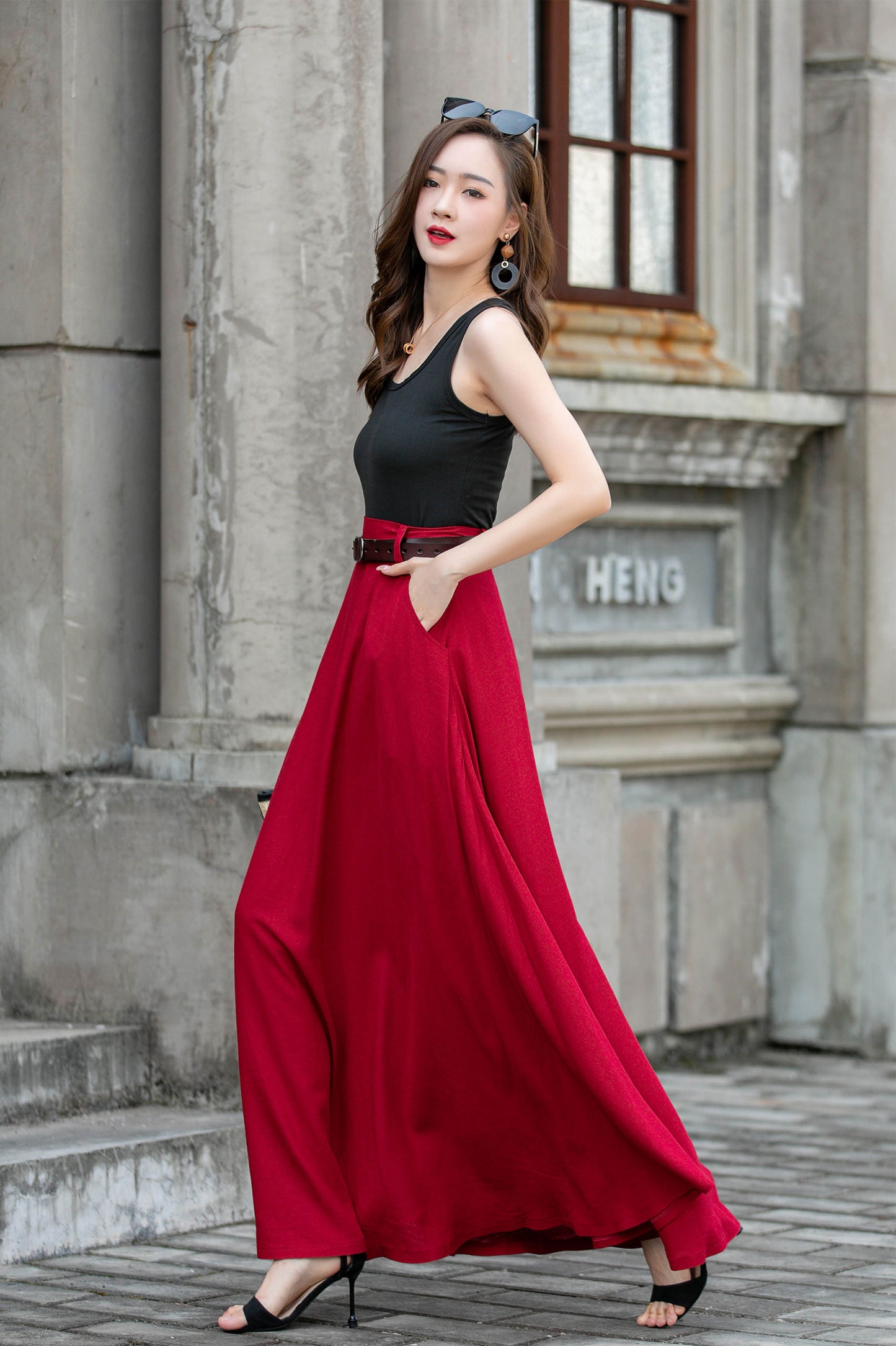 Red Womens Linen High Waisted Skirt 4285