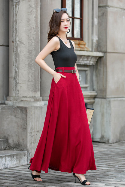 Red Womens Linen High Waisted Skirt 4285