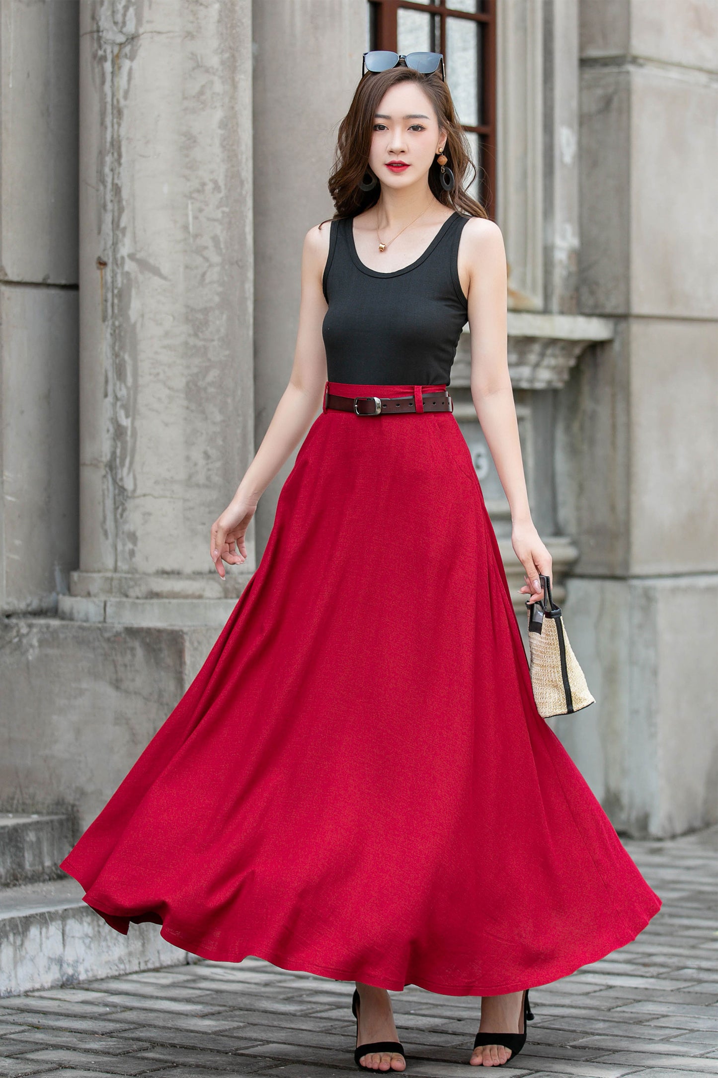 Red Womens Linen High Waisted Skirt 4285