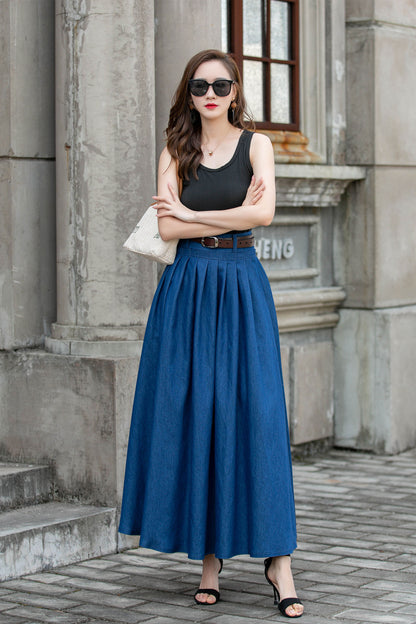 Blue Cotton Maxi Skirt - Pleated Swing A-Line Two Pockets | Xiaolizi 4286