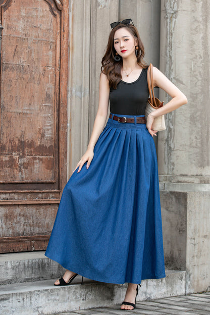 Blue Cotton Maxi Skirt - Pleated Swing A-Line Two Pockets | Xiaolizi 4286