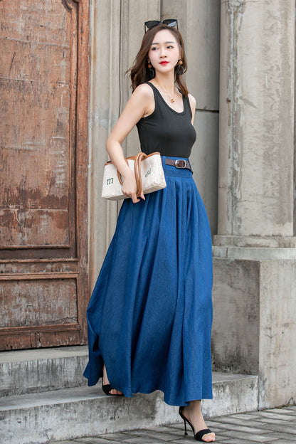 Blue Cotton Maxi Skirt - Pleated Swing A-Line Two Pockets | Xiaolizi 4286