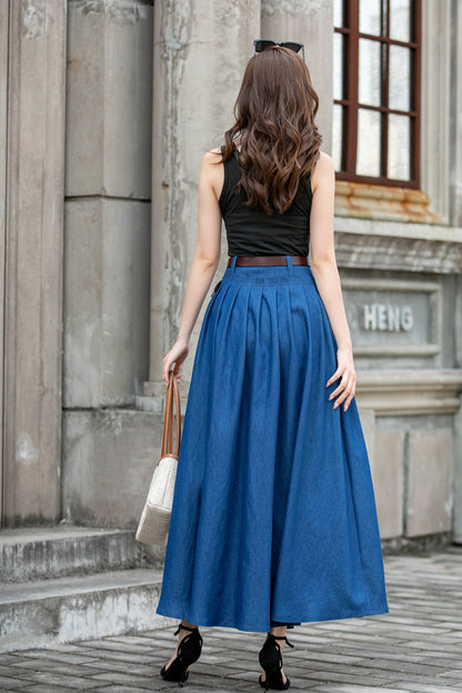 Blue Cotton Maxi Skirt - Pleated Swing A-Line Two Pockets | Xiaolizi 4286