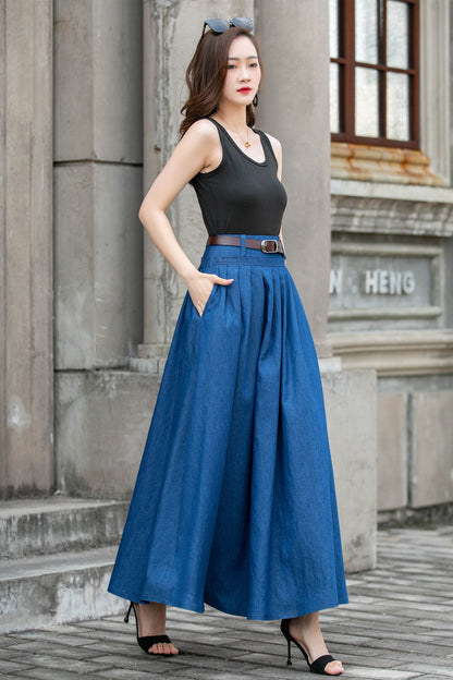 Blue Cotton Maxi Skirt - Pleated Swing A-Line Two Pockets | Xiaolizi 4286