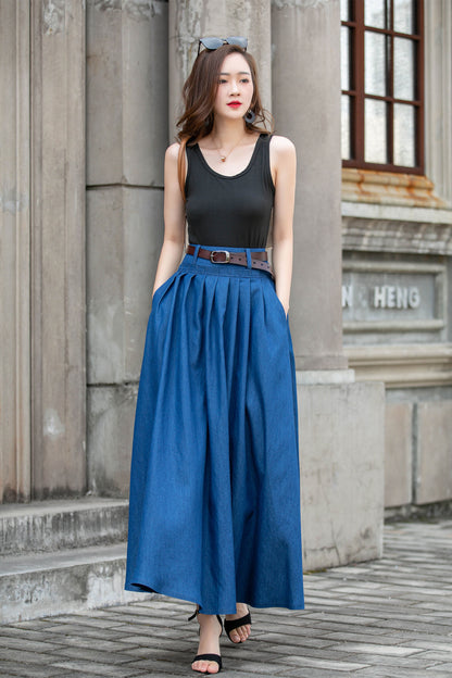 Blue Cotton Maxi Skirt - Pleated Swing A-Line Two Pockets | Xiaolizi 4286