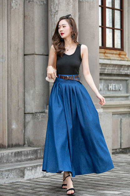 Blue Cotton Maxi Skirt - Pleated Swing A-Line Two Pockets | Xiaolizi 4286