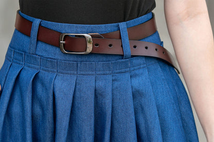 Blue Cotton Maxi Skirt - Pleated Swing A-Line Two Pockets | Xiaolizi 4286